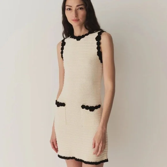 Doen Millicent Pima Cotton Knit Pocket Trim Sleeveless Mini Dress Cream Black